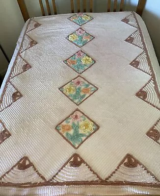 Vintage Vintage Pink Cotton Chenille Bedspread  With Flowers Art Deco 90x100 F/Q • $80