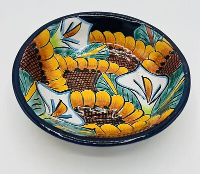 Mexican Talavera Pottery Signed W/ Easter Lily & Sunflowers 8” Round Bowl • $28