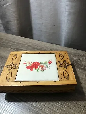 Vintage 7  X 5  Monterey Mexican Artist Jewelry Box Wood & Flower Tile • $13.99