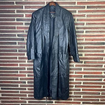 Vintage Marco Morani Leather Trench Coat Black Solid Long Sleeve Button Up 90s L • $49.99