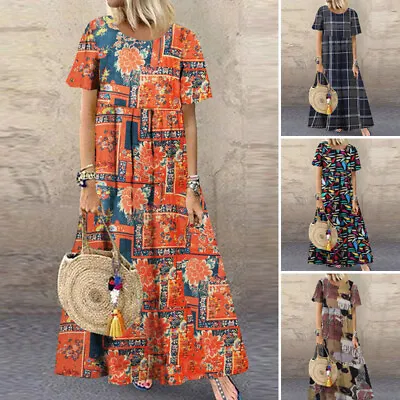 $26.39 • Buy ZANZEA Women Short Sleeve O Neck Bohemian Sundress Casual Loose Waist Maxi Dress