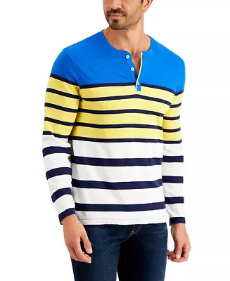 CLUB ROOM Men's Blue Yellow White Stripe Henley Long Sleeve T-Shirt NEW Small S • $22.49