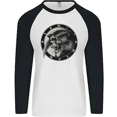 Grim Reaper Clock Skull Biker Gothic Demon Mens L/S Baseball T-Shirt • $17.01