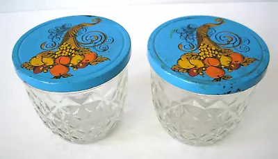 Vintage Ball Jars Quilted Crystal Jelly Glasses Blue Metal Cornucopia Lids • $15