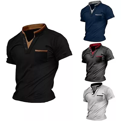 Henley Button Up T Shirt Men Solid Color Short Sleeve Soft Dress Black White Tee • $15.99