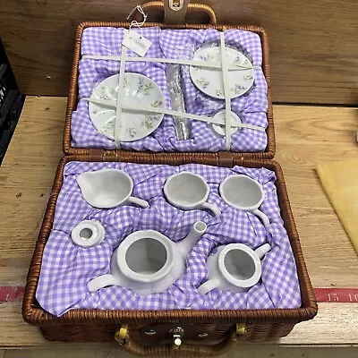 Vintage Delton Miniature Doll Ceramic Tea Set In Wicker Picnic Basket-Purple • $26.55