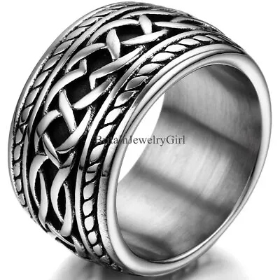 Punk Men's Stainless Steel Celtic Knot Wide Band Ring Wedding Size #7-11 • $10.99