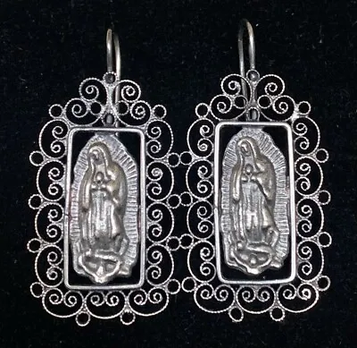 Mexican Oaxacan Sterling Silver VTG Style Filigree Virgin Of Guadalupe Earrings • $178