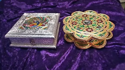 2 Meenakari? Peacock Colorful Aluminum India Jewelry Fruit Trinket Prayer Boxes • $24.95