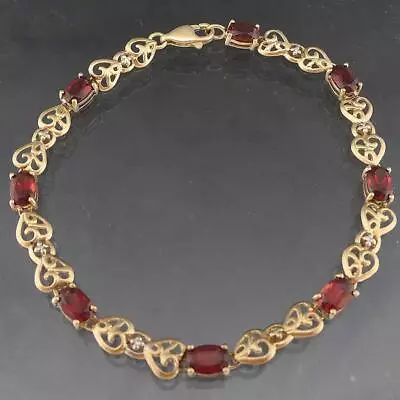 Solid 9k Yellow GOLD Dual Hearts Link 7 GARNET & 3 Diamond BRACELET 184mm 5.5gm • $375