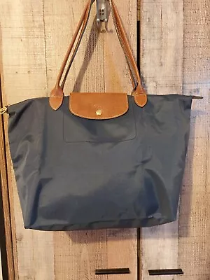 Longchamp Bag Le Pliage Blue Brown Handles RRP£110 Medium VGC Made In France • £60