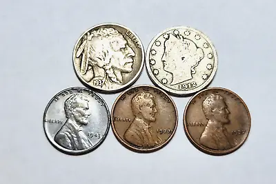 $5.95 • Buy Liberty V Nickel, Buffalo Nickel, Steel Penny, Wheat Pennies Lot FREE SHIPPING