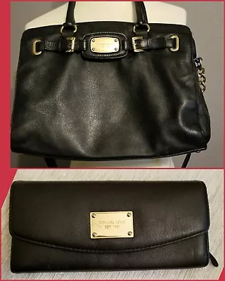 Michael Kors Hamilton Satchel Black & Wallet Gold Accents • $118