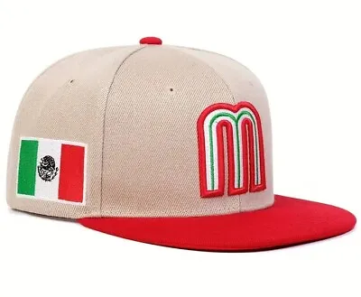 New Embroidered Mexico World Baseball Classic Snapback Hat Cap * Beige & Red • $17.95