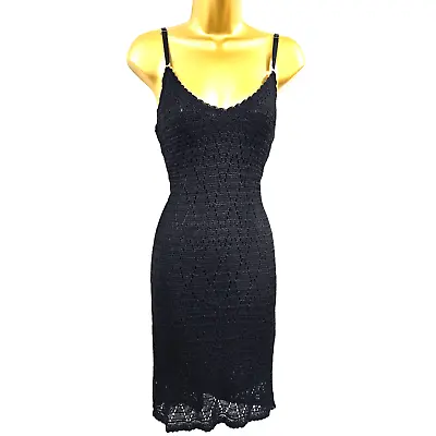 UK 8-10 KAREN MILLEN 1 Vintage Black Hand Knit Crochet Summer Mini Dress Holiday • £69.99