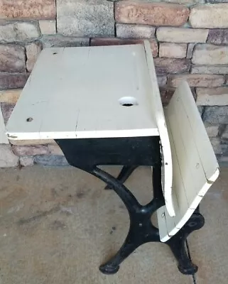 Antique Kid Child Student School Wood Desk Fold Up Seat Cast Iron Base W/Inkwell • $140