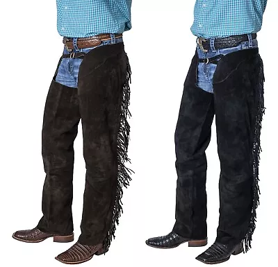 Western Shotgun Fringed Chaps - Suede Leather - Black Or Brown - XSSMLXL • $79.90