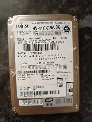 £15 • Buy Fujitsu MHV2040AT/H 40GB 2.5  IDE Hard Disk Drive HDD