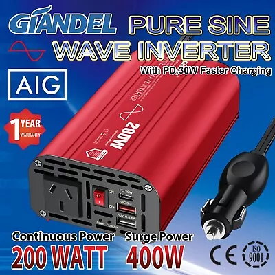 Giandel Pure Sine Wave Inverter 200W/400W 12V-240VAC Car Cigarette Lighter Plug • $58.96