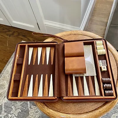Vintage  Backgammon Travel Set Brown Carry Case Zips  Closed 9x7 Inches • $24
