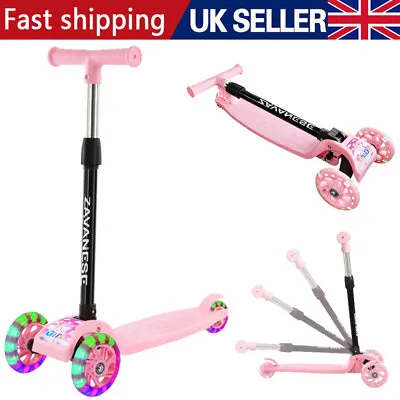 Kids Scooter Child Kick Flashing LED Light Up 3 Wheel Push Adjustable Folding • £17.98