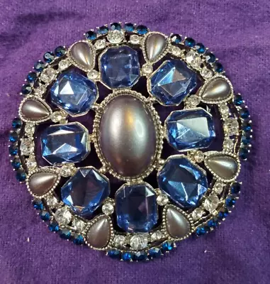 Monet Pin Blue Rhinestones Gray Pearls Round Pin Vintage Estate 2 In. • $23.95