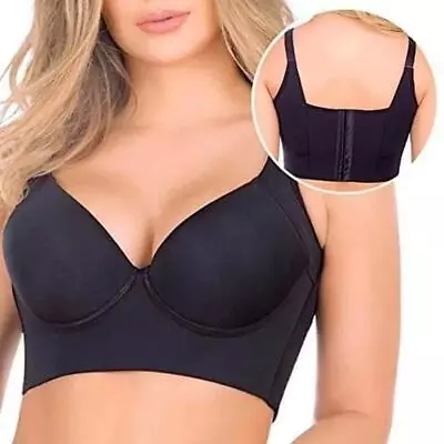 Push Up Bra Deep Cup Hide Back Fat Underwear Full Coverage Bra Black • $13.89