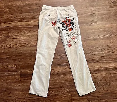 Da-Nang Embroidered White Dragon Pants Women’s Button Fly Jeans Size Sm • $59.99