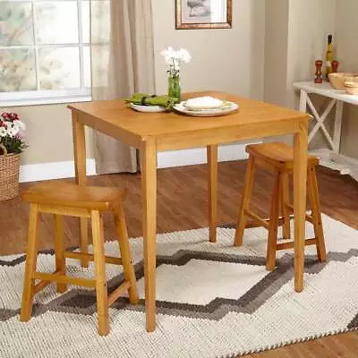 Oak Wooden Breakfast Dining Set Bistro Table Saddle Counter Stools Bar Kitchen • $439.90