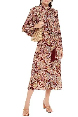 Zimmermann Pussy-Bow Ruffled Printed Silk Crepe De Chine Midi Dress 3/12 • $339