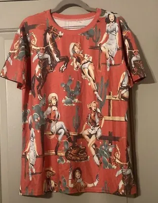 50s Women Blouse Western Gril Print Vintage Short Sleeve Tops| Sz L • £21.23