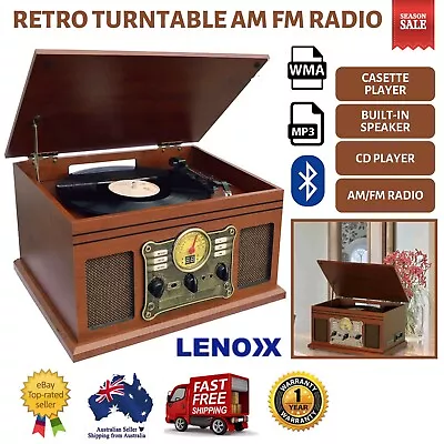 Bluetooth Turntable Vinyl Record CD Player Recorder AUX MP3 Cassette Stereo Musi • $229