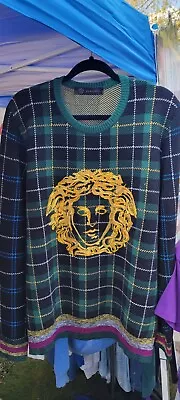 RARE Versace Sweater With Gold Embroidered Medusa On Plaid  • $420