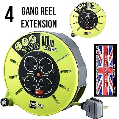 10 Metre Cassette Masterplug High Vis 4 Gang Socket Cable Reel Extension Lead • £23.99