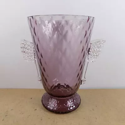 Mid Century Modern Art Glass 8  Vase Amethyst Purple Diamond Optic Applied Ears • $35