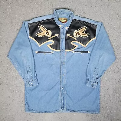 VTG Shooter Shirt Men XL Blue Denim Faux Leather Western Cowboy Pearl Snap Rodeo • $42