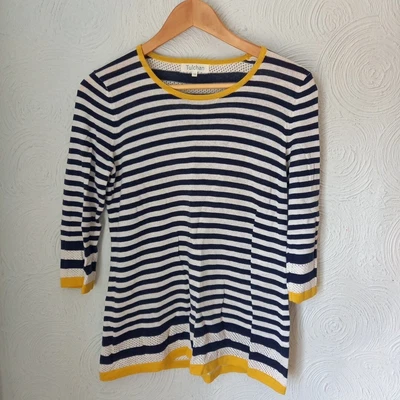 £16.99 • Buy Tulchan Stripe Summer Knit Jumper UK 10 Navy White W Yellow Tipping Linen Cotton