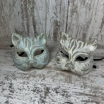 Cat Masquerade Mask Lot Of 2 Silver Glitter With Blue/Gold And White/Gold Design • $14.97