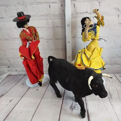 Vintage Spanish Flamenco Dancer Matador Dolls & Bull Handmade Cloth 11  • $59.99