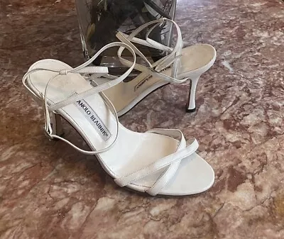 MANOLO BLAHNIK Pippo White Leather Strappy Heel Sandals 37/US 7 EUC Retail $895 • $134.99