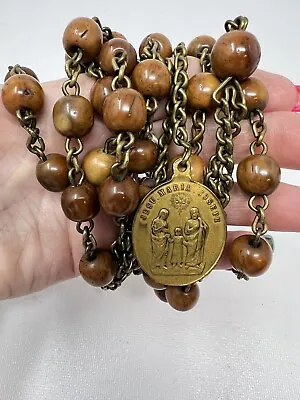 Vtg Hand Made Nun Habit Rosary Wood Beads Priest W Brass Medal 5 Decades 52 ‘’ L • $182.89