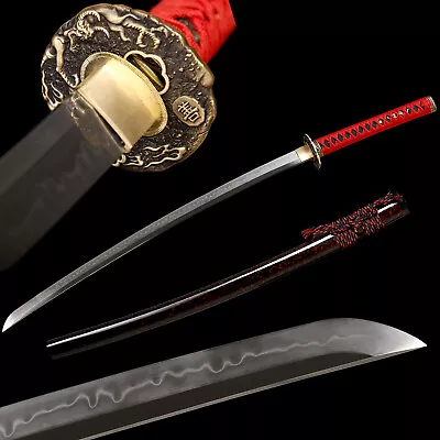 Choji Hamon Full Tang Red Katana Sword Clay Tempered T10 Steel Razor Sharp • $128.88