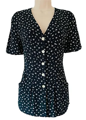 £19.99 • Buy Charlotte Halton Navy Floral Blouse Size 10 Ditsy 90’s Does 40’s Top Shirt 20K1