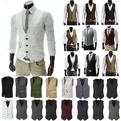 Mens Formal Business Vest Blazer Suits Slim Tuxedo Waistcoat Outwear Jacket Coat • £11.87