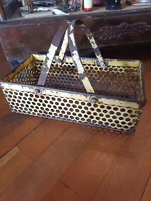 VINTAGE C.1940s INDUSTRIAL METAL UTILITY BASKET TOTE WITH DUAL HANDLES YELLOW • $225