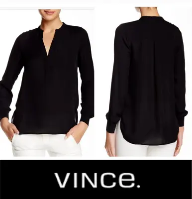 VINCE 100% Silk V Neck Half Placket Blouse Long Sleeve Black Shirt Top Size 2 • $39.95