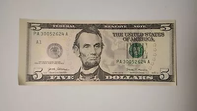 Miscut Error Misaligned $5 Bill 2017A - American Money NM Bank Fresh Paper Money • $25