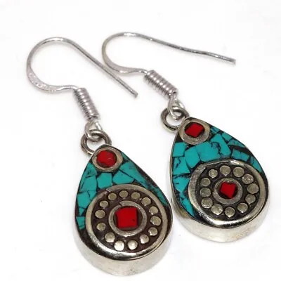 12gms Chunky Tibetan Turquoise Red Coral Nepali Tribal Earrings 1.6  JW • $4