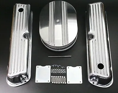 Ford 302 351W Windsor Retro Finned Aluminum Valve Covers W/ 12  Air Cleaner Kit • $159.99