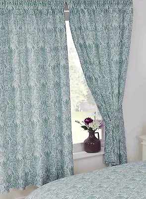 ANNETTE 66  X 72  PENCIL PLEAT CURTAINS DUCK EGG TEAL WHITE DAMASK FLORAL LUXURY • £21.99